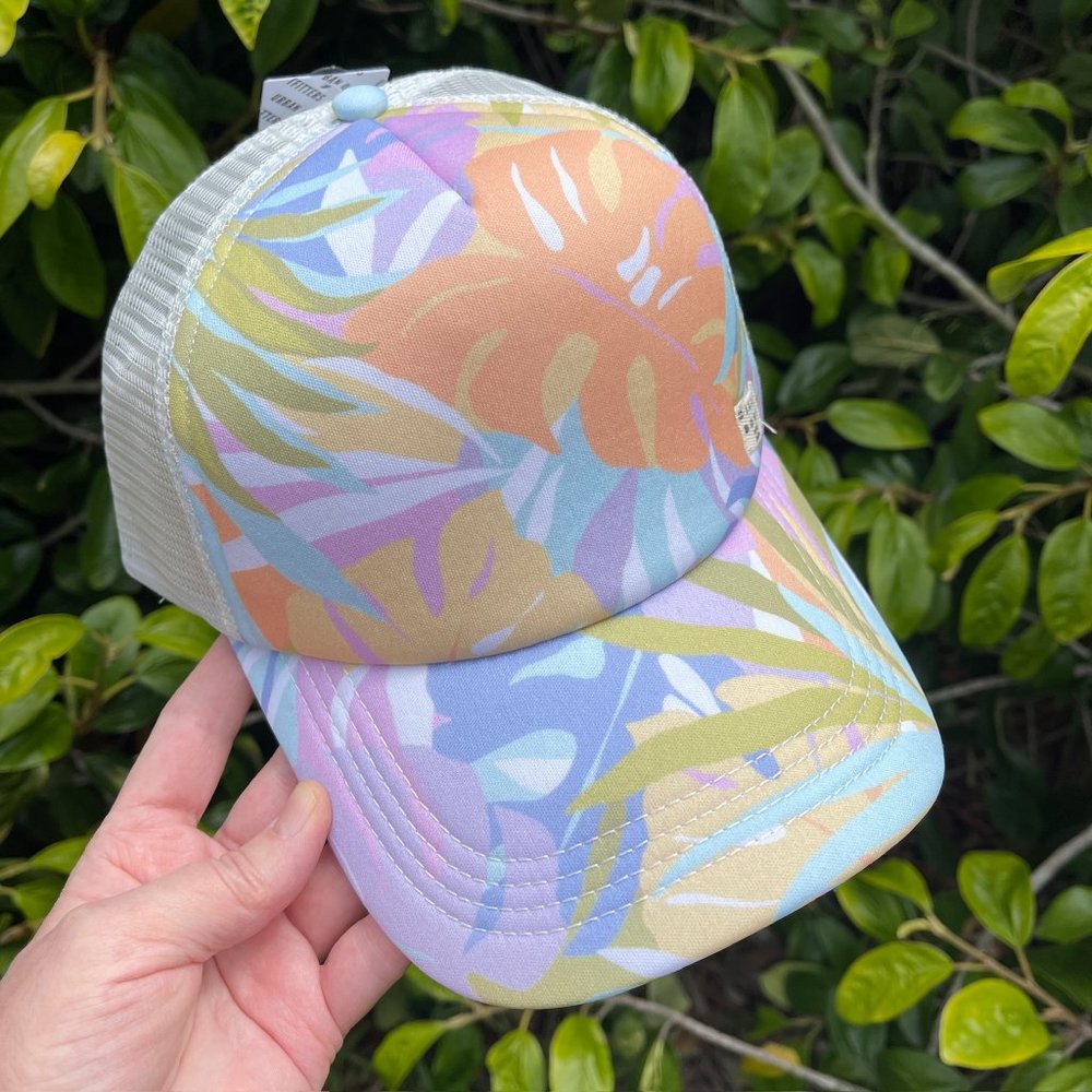 BILLABONG HERITAGE MASHUP TRUCKER HAT . BNWT . PASTEL TROPICAL BEACHY PRINT
